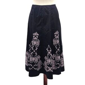 Sunny Leigh Full‎ Midi Skirt Black With Embroidered Light Pink Design Size 8